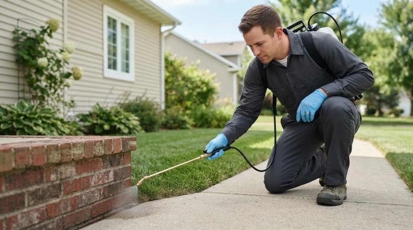 Pest control technician treating a home near Jansen, NE