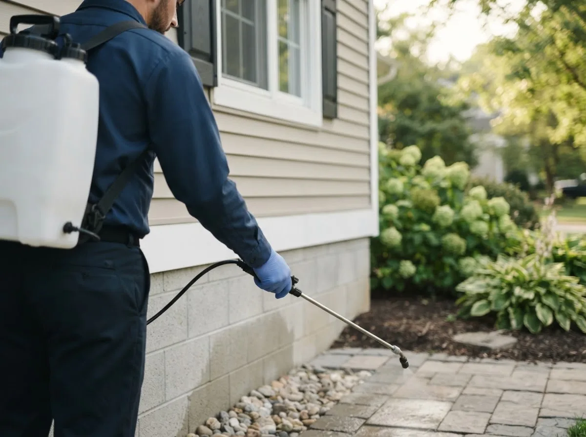 Pest control technician inspecting a home in Jansen, NE